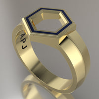 Yellow Gold Geometric Hexagon Signet Ring, Royal Blue Resin Solid 14kt Yellow Gold Standard Signet Design
