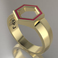 Yellow Gold Geometric Hexagon Signet Ring, Pink Resin Solid 14kt Yellow Gold Standard Signet Design