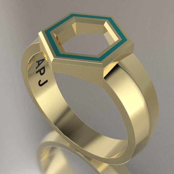 Yellow Gold Geometric Hexagon Signet Ring, Turquoise Resin Solid 14kt Yellow Gold Standard Signet Design