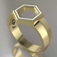 Yellow Gold Geometric Hexagon Signet Ring, White Resin Solid 14kt Yellow Gold Standard Signet Design