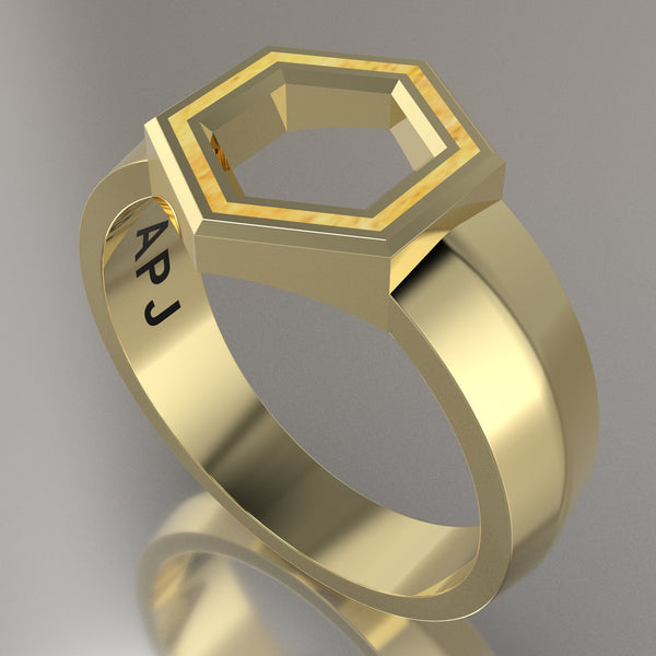 Yellow Gold Geometric Hexagon Signet Ring, Shimmer Gold Resin Solid 14kt Yellow Gold Standard Signet Design