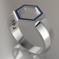 Silver Geometric Hexagon Signet Ring, Blue Resin Solid Sterling Silver Standard Signet Design