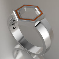 Silver Geometric Hexagon Signet Ring, Orange Resin Solid Sterling Silver Standard Signet Design