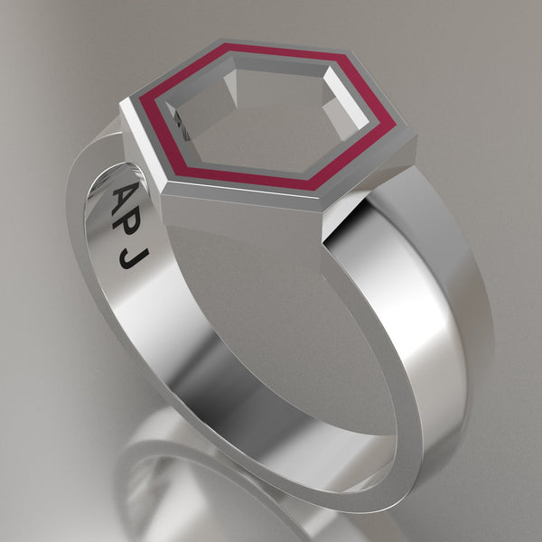 Silver Geometric Hexagon Signet Ring, Pink Resin Solid Sterling Silver Standard Signet Design