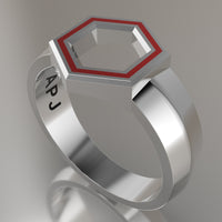 Silver Geometric Hexagon Signet Ring, Red Resin Solid Sterling Silver Standard Signet Design