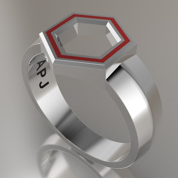 Silver Geometric Hexagon Signet Ring, Red Resin Solid Sterling Silver Standard Signet Design