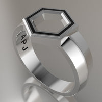 Silver Geometric Hexagon Signet Ring, Black Resin Solid Sterling Silver Standard Signet Design