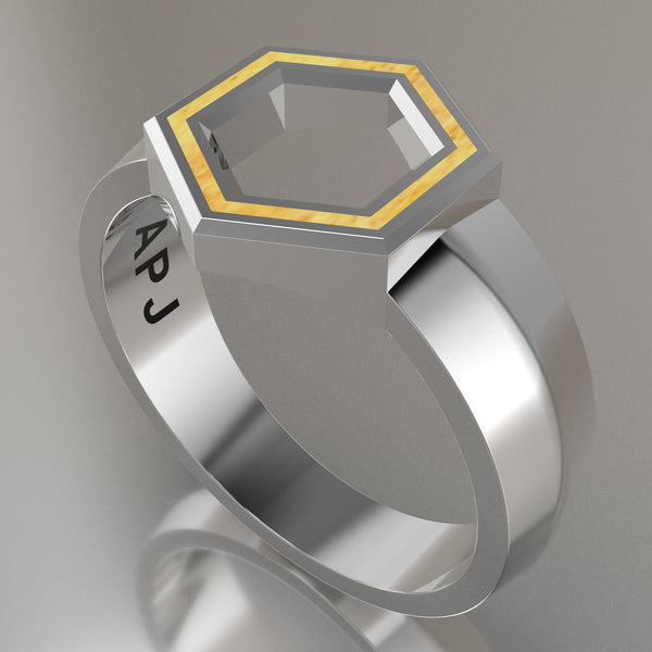 Silver Geometric Hexagon Signet Ring, Shimmer Gold Resin Solid Sterling Silver Standard Signet Design