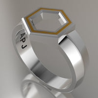 Silver Geometric Hexagon Signet Ring, Yellow Resin Solid Sterling Silver Standard Signet Design
