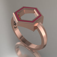 Rose Gold Geometric Hexagon Ring, Transparent Pink Resin Solid 14kt Rose Gold Standard Design