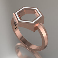 Rose Gold Geometric Hexagon Ring, White Resin Solid 14kt Rose Gold Standard Design