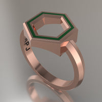 Rose Gold Geometric Hexagon Ring, Green Resin Solid 14kt Rose Gold Standard Design