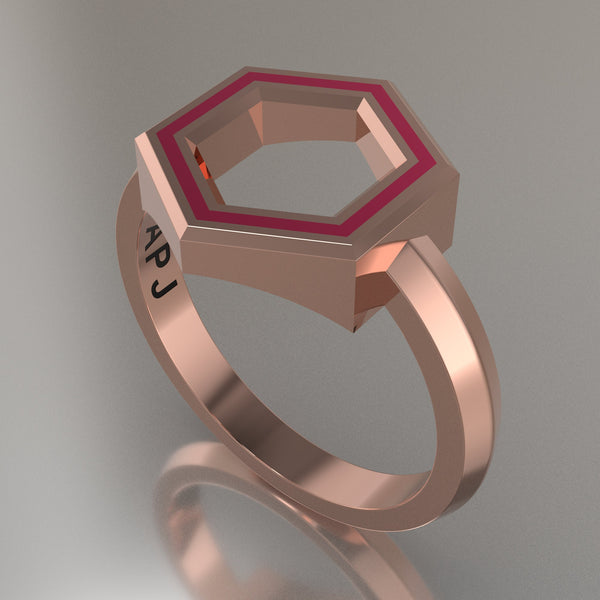 Rose Gold Geometric Hexagon Ring, Pink Resin Solid 14kt Rose Gold Standard Design