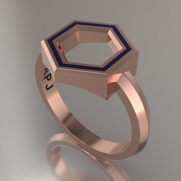 Rose Gold Geometric Hexagon Ring, Purple Resin Solid 14kt Rose Gold Standard Design