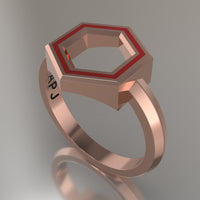 Rose Gold Geometric Hexagon Ring, Red Resin Solid 14kt Rose Gold Standard Design