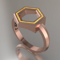 Rose Gold Geometric Hexagon Ring, Shimmer Gold Resin Solid 14kt Rose Gold Standard Design
