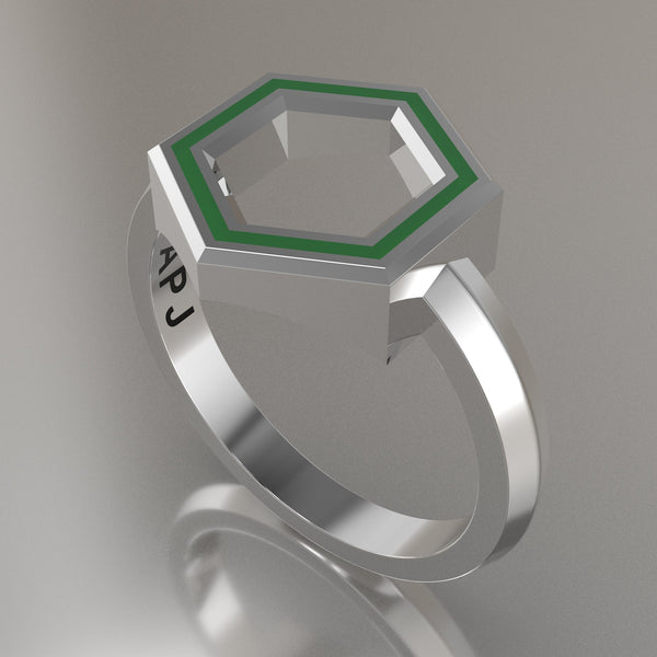 Silver Geometric Hexagon Ring, Transparent Green Resin Solid Sterling Silver Standard Design