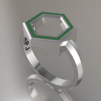 White Gold Geometric Hexagon Ring, Transparent Green Resin Solid 14kt White Gold Standard Design