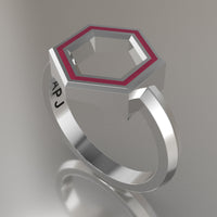 White Gold Geometric Hexagon Ring, Transparent Pink Resin Solid 14kt White Gold Standard Design