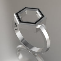 White Gold Geometric Hexagon Ring, Black Resin Solid 14kt White Gold Standard Design