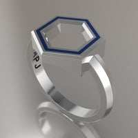 White Gold Geometric Hexagon Ring, Blue Resin Solid 14kt White Gold Standard Design