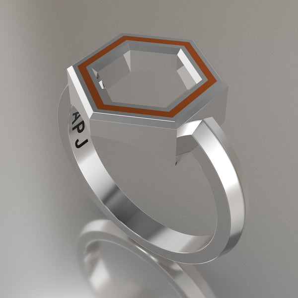 White Gold Geometric Hexagon Ring, Orange Resin Solid 14kt White Gold Standard Design
