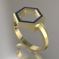 Yellow Gold Geometric Hexagon Ring, Blue Resin Solid 14kt Yellow Gold Standard Design