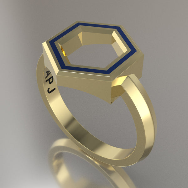 Yellow Gold Geometric Hexagon Ring, Blue Resin Solid 14kt Yellow Gold Standard Design