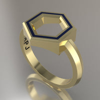 Yellow Gold Geometric Hexagon Ring, Royal Blue Resin Solid 14kt Yellow Gold Standard Design