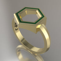 Yellow Gold Geometric Hexagon Ring, Green Resin Solid 14kt Yellow Gold Standard Design