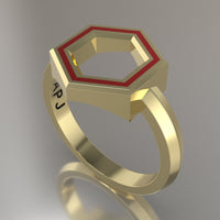 Yellow Gold Geometric Hexagon Ring, Red Resin Solid 14kt Yellow Gold Standard Design