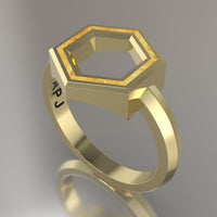 Yellow Gold Geometric Hexagon Ring, Shimmer Gold Resin Solid 14kt Yellow Gold Standard Design