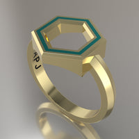 Yellow Gold Geometric Hexagon Ring, Turquoise Resin Solid 14kt Yellow Gold Standard Design