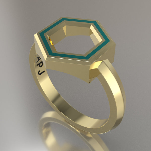 Yellow Gold Geometric Hexagon Ring, Turquoise Resin Solid 14kt Yellow Gold Standard Design