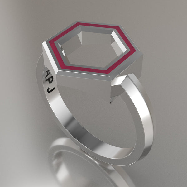Silver Geometric Hexagon Ring, Transparent Pink Resin Solid Sterling Silver Standard Design