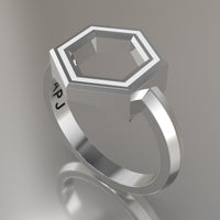 Silver Geometric Hexagon Ring, White Resin Solid Sterling Silver Standard Design