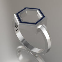 Silver Geometric Hexagon Ring, Royal Blue Resin Solid Sterling Silver Standard Design