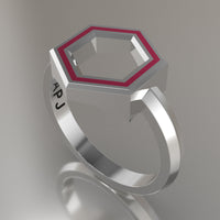 Silver Geometric Hexagon Ring, Pink Resin Solid Sterling Silver Standard Design