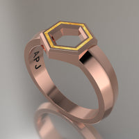 Rose Gold Geometric Hexagon Signet Ring, Shimmer Gold Resin Solid 14kt Rose Gold Petite Signet Design