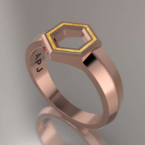 Rose Gold Geometric Hexagon Signet Ring, Shimmer Gold Resin Solid 14kt Rose Gold Petite Signet Design