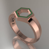 Rose Gold Geometric Hexagon Signet Ring, Transparent Green Resin Solid 14kt Rose Gold Petite Signet Design