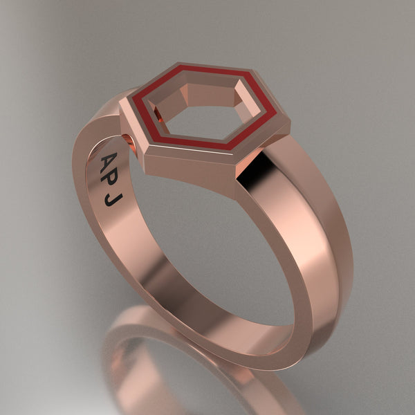 Rose Gold Geometric Hexagon Signet Ring, Red Resin Solid 14kt Rose Gold Petite Signet Design