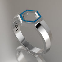 Silver Geometric Hexagon Signet Ring, Blue Swirl Resin Solid Sterling Silver Petite Signet Design