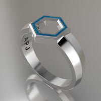 White Gold Geometric Hexagon Signet Ring, Blue Swirl Resin Solid 14kt White Gold Petite Signet Design