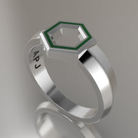 White Gold Geometric Hexagon Signet Ring, Green Resin Solid 14kt White Gold Petite Signet Design
