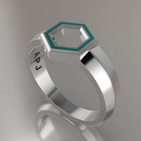White Gold Geometric Hexagon Signet Ring, Turquoise Resin Solid 14kt White Gold Petite Signet Design