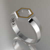 White Gold Geometric Hexagon Signet Ring, Yellow Resin Solid 14kt White Gold Petite Signet Design