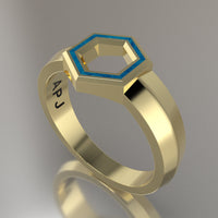 Yellow Gold Geometric Hexagon Signet Ring, Blue Swirl Resin Solid 14kt Yellow Gold Petite Signet Design