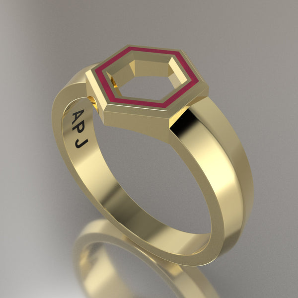 Yellow Gold Geometric Hexagon Signet Ring, Transparent Pink Resin Solid 14kt Yellow Gold Petite Signet Design