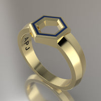 Yellow Gold Geometric Hexagon Signet Ring, Blue Resin Solid 14kt Yellow Gold Petite Signet Design